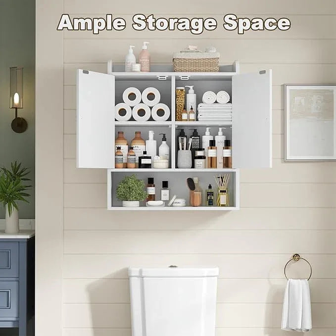 EasyCom Bathroom Cabinet Storage, Farmhouse Medicine Cabinet with Adjustable Shelves and Double Barn Doors, Over The Toilet Storage Cabinet for Bathroom, Kitchen, Living Room, White - ModernBath