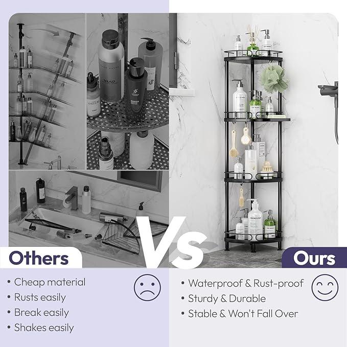 SWTYMIKI Corner Shower Caddy Standing - 4 Tier Stainless Steel Shower Organizer Stand with 4 Hooks & Soap Holder, Rustproof Metal Standing Tall Floor Shower Shelf and Bathroom Organizer, Black - ModernBath