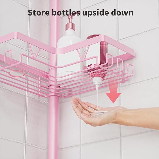 KEGII Shower Caddy Tension Pole, 4-Tier Rustproof Adjustable Corner Bathroom Organizer for Renters, 25–114.2 Inch No Drill Space-Saving Shower Storage Rack, Pink - ModernBath