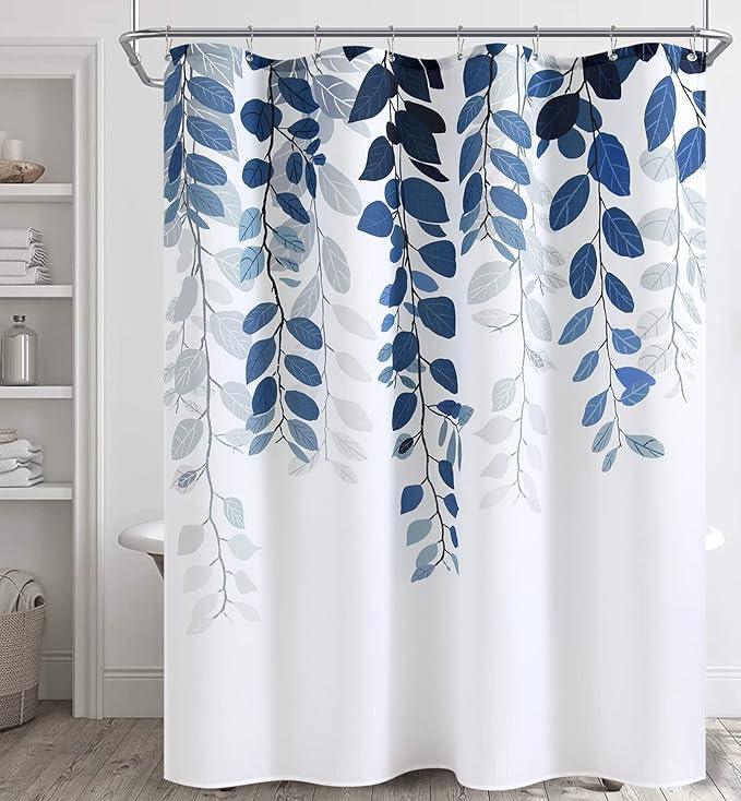 BOODII Blue RV Small Shower Curtain for Bathroom Blue Eucalyptus Shower Curtain Botanical Leaves Narrow Half Navy Vines Bath Decor Spring Country Nature Bathroom Decor 48x72 - ModernBath