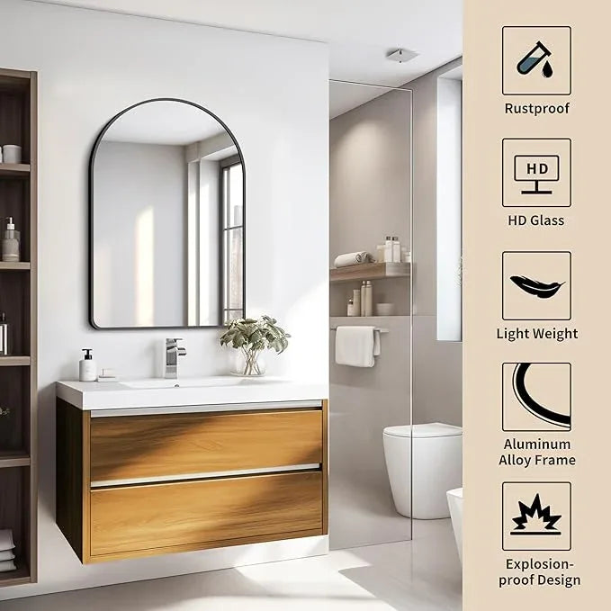 FORBATH Arched Bathroom Mirror 20x28 Inch, Bathroom Mirror Wall Mounted Modern Black Aluminum Alloy Frame Decor Dresser Mirror for Bedroom Living Room Entryway, Hanging or Leaning Against Wall - ModernBath