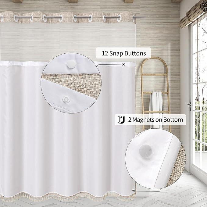 MitoVilla No Hooks Required Farmhouse Shower Curtain with Snap-in Liner - with Window & Magnets, Boho Cotton Linen Fabric Shower Curtains with Tassels for Rustic Bathroom Decor, Tan/Taupe, 72 x 74 - ModernBath
