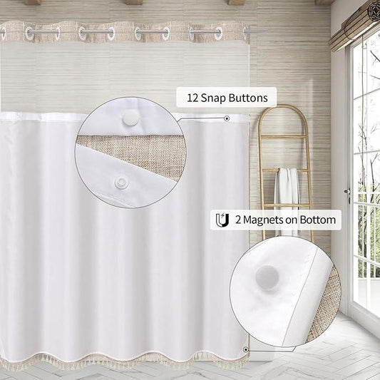 MitoVilla No Hooks Required Farmhouse Shower Curtain with Snap-in Liner - with Window & Magnets, Boho Cotton Linen Fabric Shower Curtains with Tassels for Rustic Bathroom Decor, Tan/Taupe, 72 x 74 - ModernBath