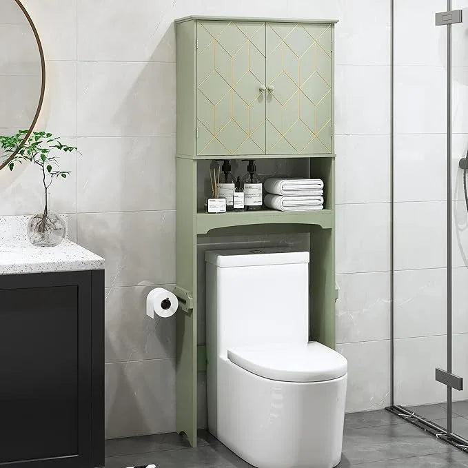 Over The Toilet Storage Cabinet with Gold Trim, Modern Bathroom Organizer Over Toilet with Adjustable Shelves and Toilet Paper Holder for Bathroom (Green) - ModernBath