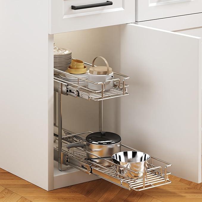 2 Tier Individual Pull Out Cabinet Organizer 5½" W x 21½" D, Heavy Duty Cabinet Pull Out Shelves, Slide Out Drawers Organization for Kitchen Cabinets Bathroom - ModernBath