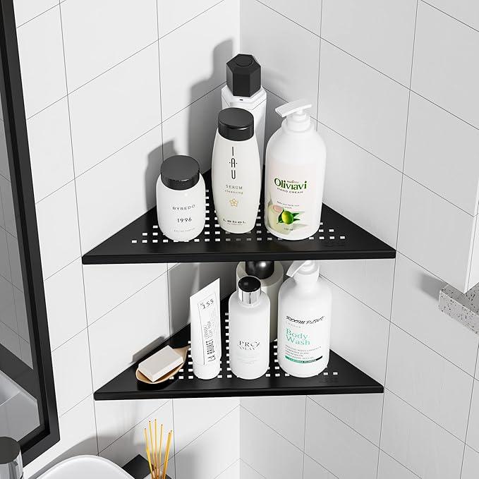 Corner Shower Shelves, 10” Recessed Tile Shower Shelf Matte Black, 304 Stainless Steel Grout in Corner Tile Bathroom Shelves, No Drilling, 2 Pack - ModernBath
