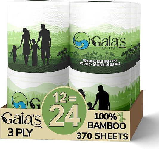 Gaias Premium and Soft Organic Bamboo Toilet Paper | 12 Mega Rolls, 3 Ply, 370 Sheets | FSC Certified, PFAS & BPA Free, Eco-Friendly, Sustainable Tissue - Plastic Free, Septic Safe, Vegan - ModernBath