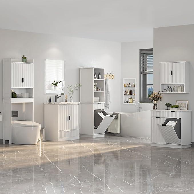 Bathroom Over The Toilet Storage Cabinet,Farmhouse Over The Toilet Storage with 2 Wave-Pattern Doors and Open Storage Shelf,Space Saver Behind Toilet Bathroom Organizer for Restroom/Laundry - ModernBath