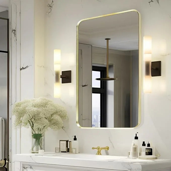 Minuover Wall Mount Mirror for Bathroom, Brushed Gold Metal Framed Rounded Corner Rectangular Vanity Mirror (20" x 30", Gold) - ModernBath