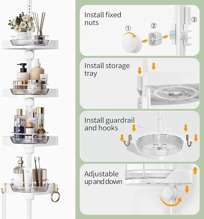 akinbas Shower Caddy Tension Pole with 4 L-Lazy Susan Organizer 360 Rotating 35-128 Inch No Drilling Floor Standing Shelves Adjustable Shower Rack for Bathroom Corner (White) - ModernBath