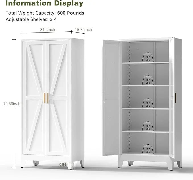 COFaR 5 Tier Metal Farmhouse Storage Cabinet with 2 Barn Door, 4 Adjustable Shelves and Legs, for Kitchen, Dining Room, Bathroom, Living Room, Office - ModernBath