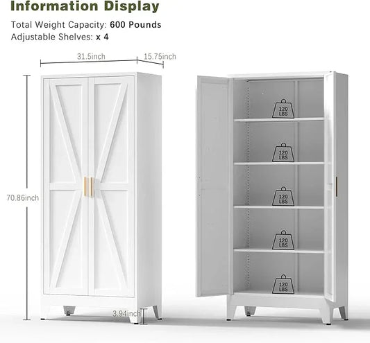 COFaR 5 Tier Metal Farmhouse Storage Cabinet with 2 Barn Door, 4 Adjustable Shelves and Legs, for Kitchen, Dining Room, Bathroom, Living Room, Office - ModernBath