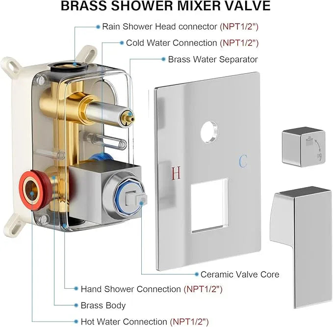 FPXRNG Shower Faucet Set Bathroom Square Rain Shower Head and Handle Set, Wall Mounted Shower Fixtures, Full Metal Trim Repair Kit 10 inch Polished Chrome (With Shower Valve) - ModernBath