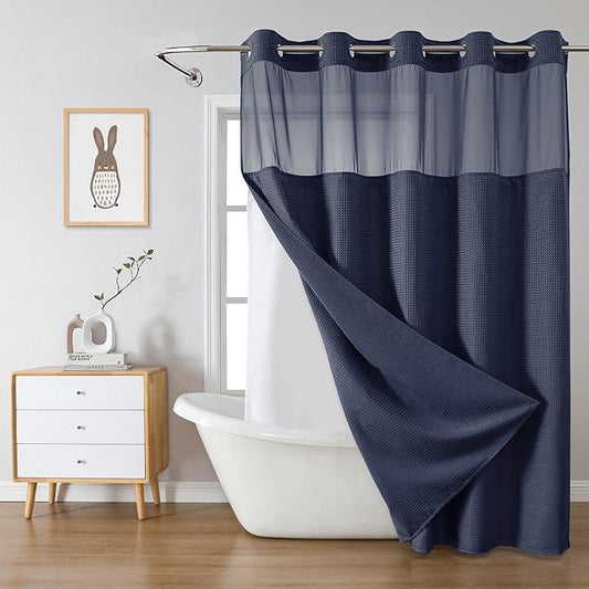 eachope Navy Extra Long No Hook Waffle Weave Shower Curtain with snap-in Liner Replacement, 230GSM Waterproof Fabric Hotel Shower Curtain Set for Bathroom, Through Mesh Top Window,71Wx86H - ModernBath