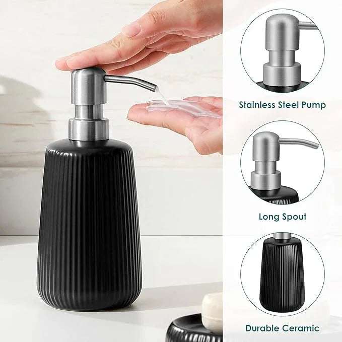 vancasso Ceramic Bathroom Accessories Set 4 Piece, Soap Dispenser with Stainless Steel Pump, Toothbrush Holder, Tumbler and Soap Dish, Modern Relief Design, Bathroom Decor Organizer, Black - ModernBath