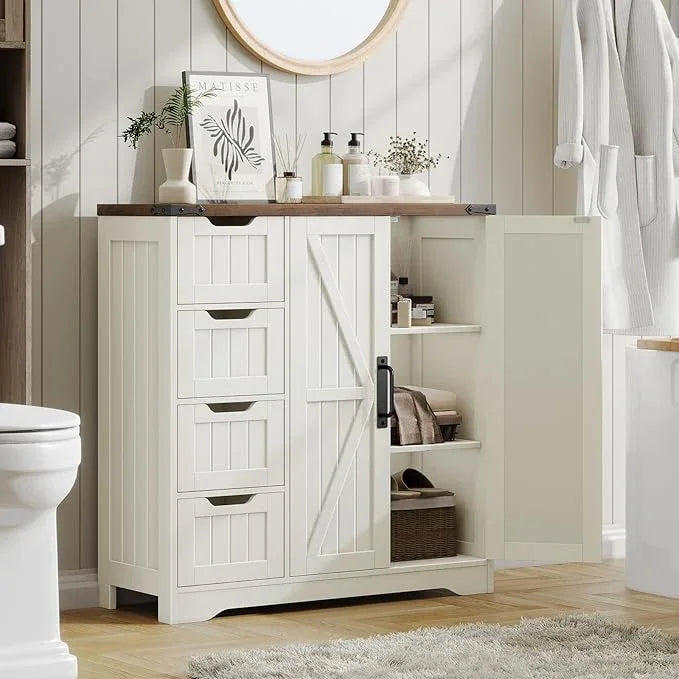Vabches Farmhouse Bathroom Cabinet, Freestanding Storage Cabinet with 4 Drawers and 2 Doors, Rustic Storage Organizer with Adjustable Shelf for Bathroom, Living Room, Entryway, White - ModernBath