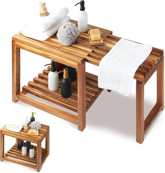 Adjustable Length Inches Shower Stool Bench Chair Waterproof with Storage Shelf for Shaving Legs, Spa, Bath Seat in Bathroom, Inside Shower for Adults Seniors Elderly (Large 35 in)