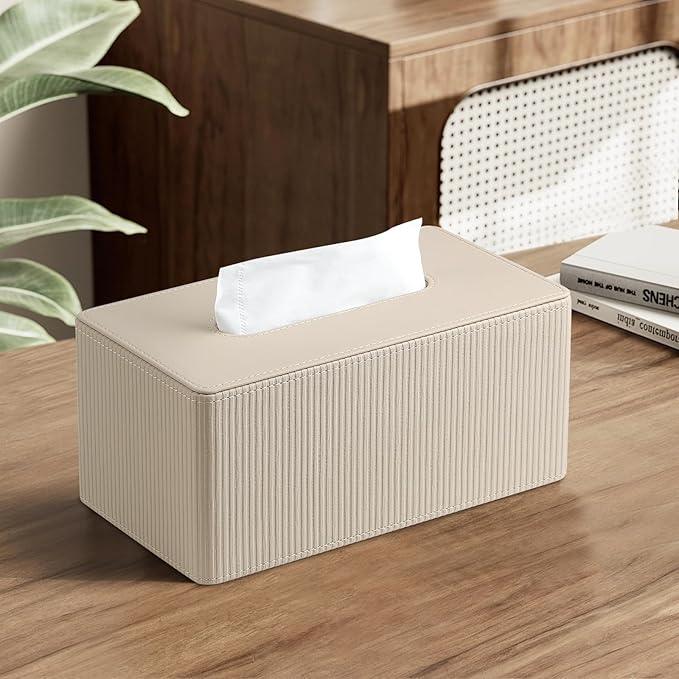 Cretkhp PU Leather Tissue Box Cover Rectangle with Magnetic Closure, Modern Tissue Box Holder for Bathroom NightStands Livingroom, Decorative Tissue Holder for 120(3-Ply)/160(2-Ply) Tissue Box (Beige) - ModernBath