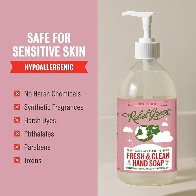 Rebel Green Fresh & Clean Hand Soap - Natural Liquid Hand Soap for Bathroom & Kitchen - Rose & Lemon, 12 Fl oz, Pack of 2 - ModernBath