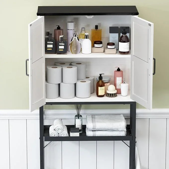 Over The Toilet Storage Cabinet, Bathroom Above Toilet Cabinet Organizer with Doors and Adjustable Shelves, Bathroom Shelf Organizer with Anti-Tip Device & Drain Rack, White - ModernBath