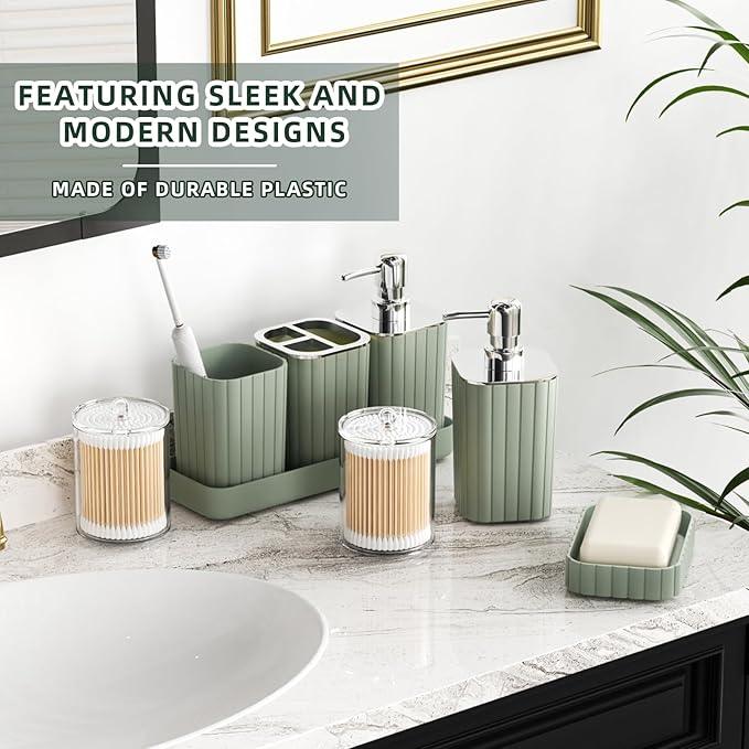XLHOMO Bathroom Accessories Set - Gorgeous Sage Green Bathroom Set, 10PC Bathroom Accessory Set, Toilet Brush, Trash Can, Qtip Holder Dispenser & Soap Dispenser - ModernBath