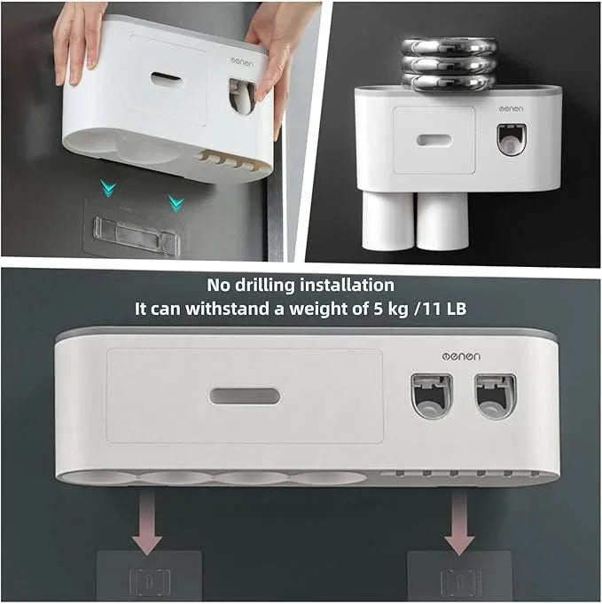 Celsitudo No-Drill Wall Mounted Toothbrush Holder, Bathroom Shelf, with Automatic Toothpaste Dispensers 4 Brush Hooks 3 Magnetic Cups 1 Cosmetic Drawer Organizer and Large Storage (1 Dispenser 3 Cups) - ModernBath