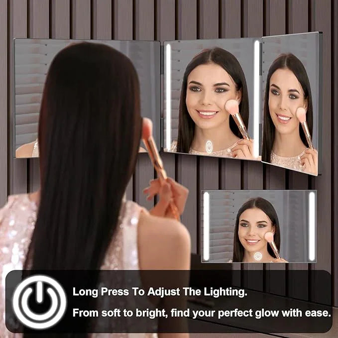 OLIBUY 3 Way Mirror with LED for Hair Cutting, Tri-fold Mirror for Shaver and Makeup, Adjustable Telescoping Hooks-with LED Version - ModernBath