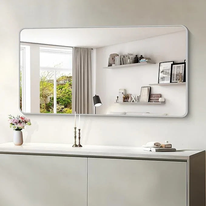 CIVENO 55x30 Inch Silver Bathroom Mirror, Large Rectangular Vanity Mirror, Metal Framed Rectangle Mirrors, Rounded Corner Wall Mounted Mirrors for Living Room Bedroom Entryway Horizontal or Vertical - ModernBath