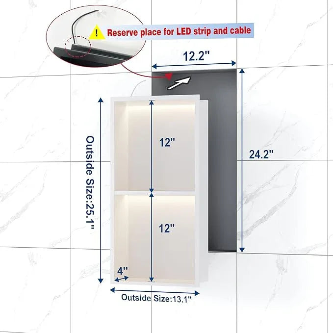 Stainless Steel Shower Niche 12" X 24", No Tile Needed Wall Niche with 3 Selectable Color Temperatures Led Light, Recessed Shower Shelf for Bathroom Storage Over Mount Installation, Matte White - ModernBath