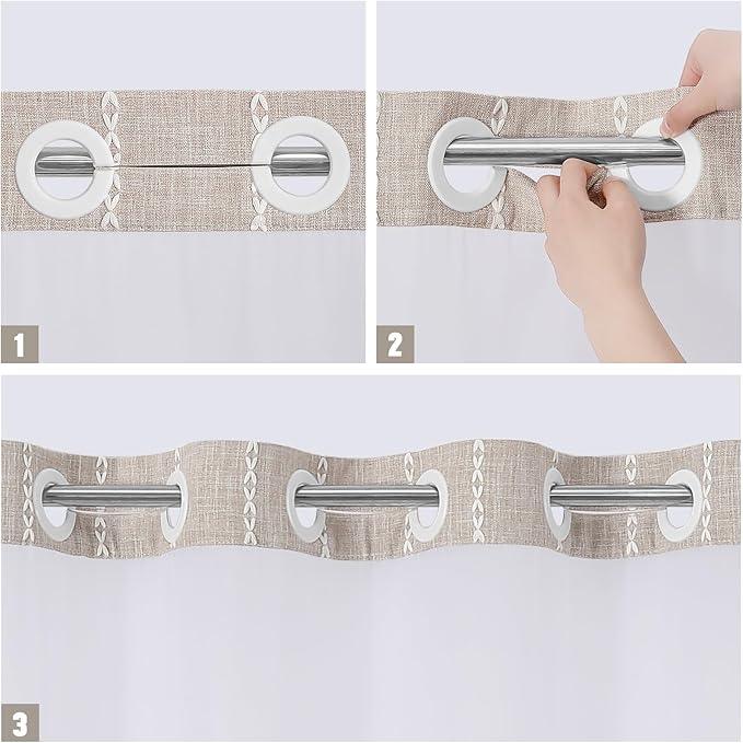 MitoVilla No Hooks Needed Farmhouse Shower Curtain with Snap-in Liner - with Window & Magnets, Taupe Boho Cotton Linen Fabric Shower Curtains with Tassels for Rustic Bathroom Decor, 72 x 74 - ModernBath