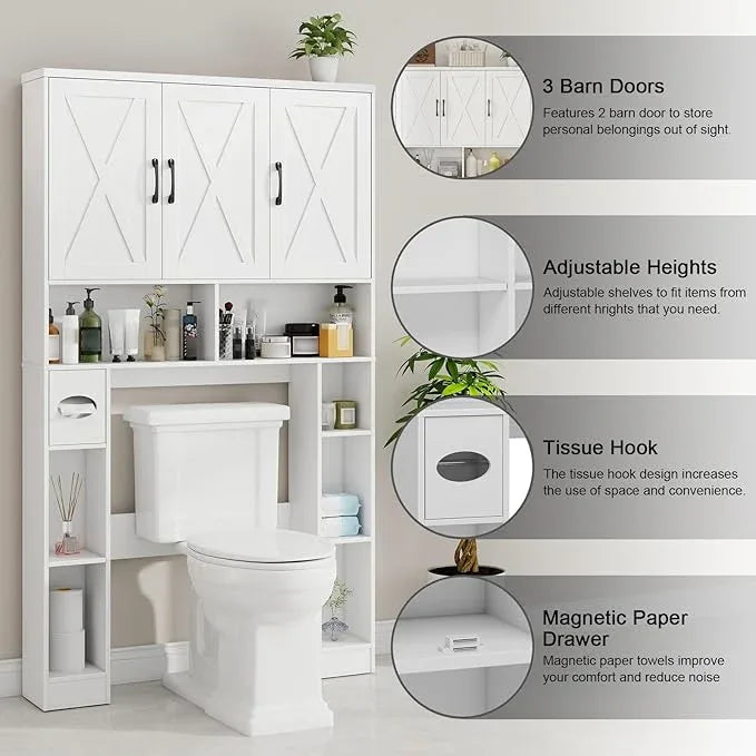 Over The Toilet Storage Cabinet, Farmhouse Toilet Cabinet Rack with 3 Barn Doors, Space Saving Bathroom Organizer with Shelves, Toilet Paper Holder and Towel Rack for Bathroom,Restroom,Laundry, White - ModernBath