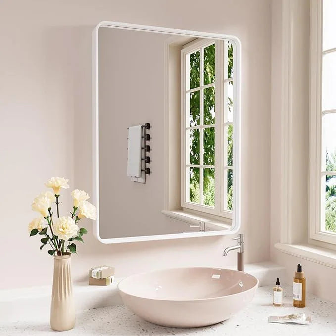 JISOSO White Bathroom Mirror 40x30 Inch, White Metal Framed Bathroom Mirror for Wall, Rounded Rectangle Matte Bathroom Vanity Mirror, Tempered Glass, Anti-Rust, Horizontal/Vertical - ModernBath