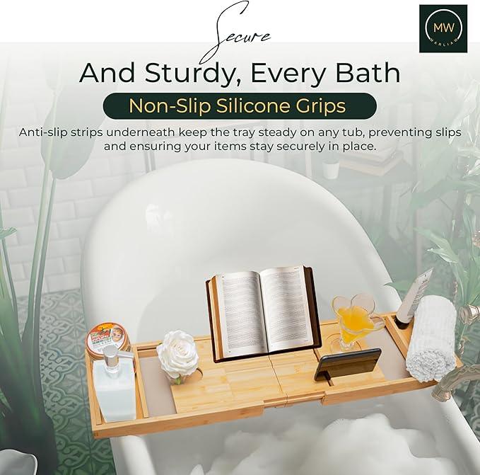 Luxury Foldable Bamboo Bathtub Tray - Wine Glass and Tablet Holder, Spa Bath Caddy for Relaxation, Gifts for Her, Him, Couples, Adjustable and Waterproof, Perfect for Birthdays, Weddings, Housewarming - ModernBath