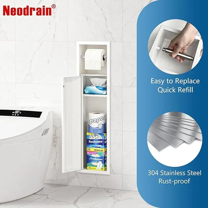 Neodrain Recessed Toilet Paper Holder, White Toilet Tissue Holder with Curved Door, 304 Stainless Steel Bathroom Storage Cabinet for Toilet Paper Roll, Perfect Depth for Amarica Drywall - ModernBath