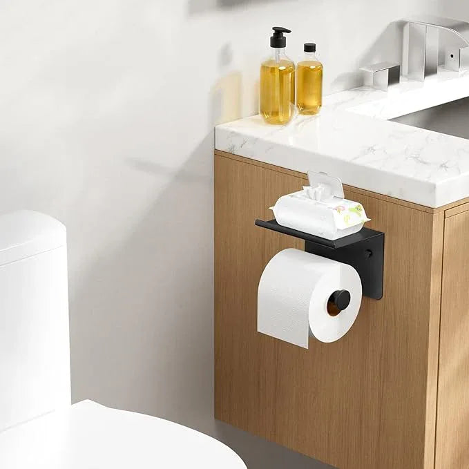 FORIOUS Toilet Paper Holder with Shelf, Adhesive or Screw Wall Mount Toilet Paper Roll Holder for Bathroom, Rustproof 304 Stainless Steel Commercial Toilet Tissue Holder, 2 Pack Matte Black - ModernBath