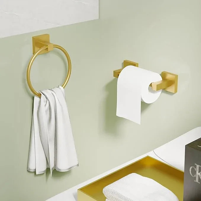 Ruacq Brushed Gold Toilet Paper Holder Towel Ring Bathroom Accessories Hardware Set Double Post Pivoting Toilet Roll Holder Square Stainless Steel and Zinc Alloy Modern Wall Mounted 2 Pieces - ModernBath