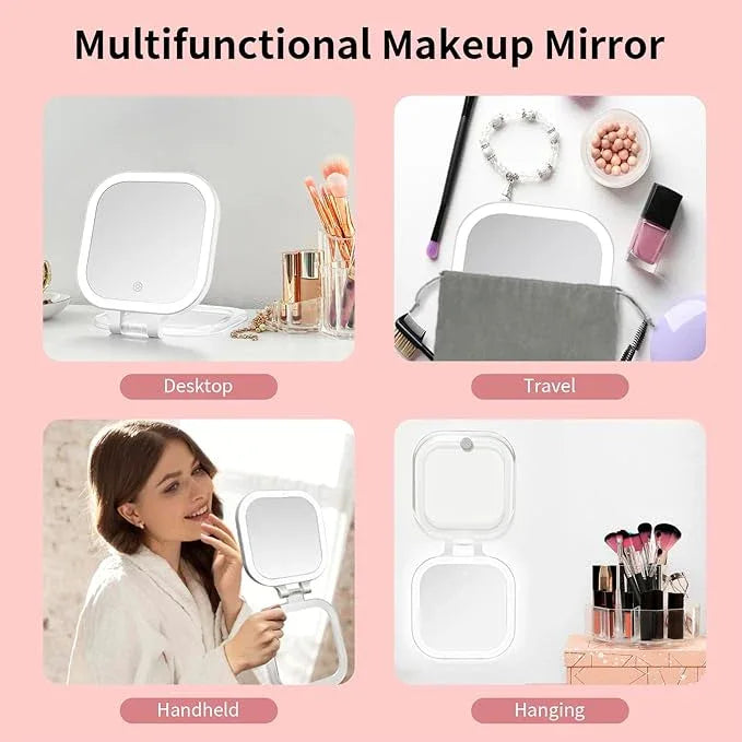 DESCHEN Rechargeable Travel Makeup Vanity Mirror with Lights and Magnification, Portable 1X/10X Magnifying Mirror with 3 Color Light, Lighted Makeup Mirror with Magnification, Folding LED Desk Mirror - ModernBath