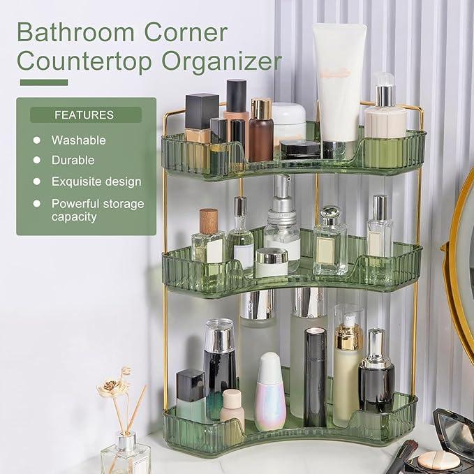 INVSSENE Corner Bathroom Countertop Organizer, Vanity Trays for Bathroom Counter, Makeup Organizer, Perfume Tray, Kitchen Spice Rack, Fits 90 Corner(Green, 3 Tiers) - ModernBath