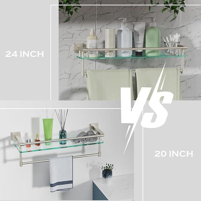 24-Inch Modern Wall-Mounted Bathroom Glass Shelf with 1 Shelf, Brushed Nickel, 1 Towel Bar, 45 lbs Weight Capacity - ModernBath