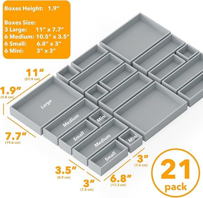 SpaceAid 21-Piece Bamboo Drawer Organizer Storage Boxes Set, Wood Tray Junk Drawer Organizers Multi-Use Divider Bins for Kitchen, Bathroom, Office Desk and Makeup Organization (21 Pack, Gray) - ModernBath