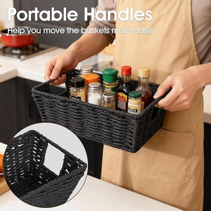 Paper Rope Storage Baskets for Shelves Organizing, Small Hand Woven Wicker Organizer Basket with Handle for Bathroom Toilet Paper Storage, Black, 3-Pack - ModernBath