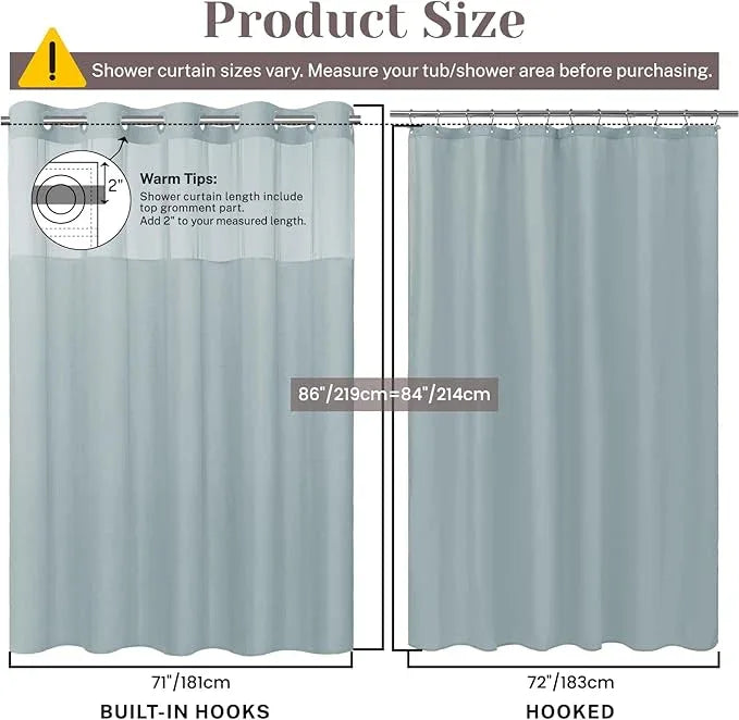 SORTTO No Hook Slub Textured Shower Curtain with Snap in Liner - Blue Fabric Outer Curtain & Waterproof Inner Liner, Hotel Style with See Through Top Window, 71x86 in - ModernBath