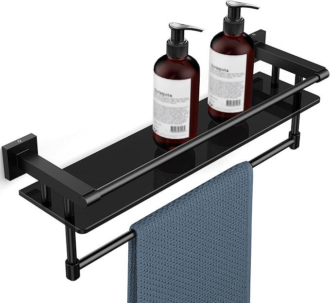 Glass Shelf for Bathroom 20 Inch Bathroom Shelves with Towel Bar Tempered Glass Shelves with Stainless Steel Towel Holder for Wall (All Matte Black) - ModernBath