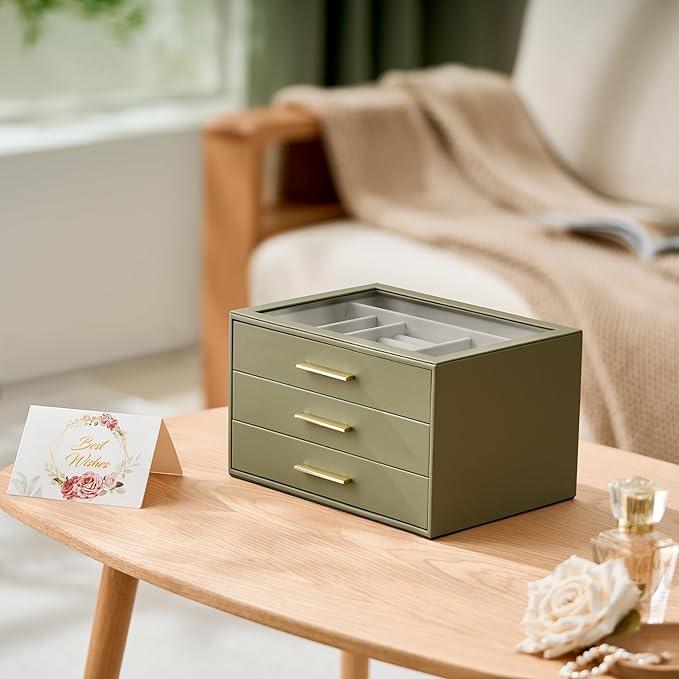 Jewelry Box Organizer Case for Women: 3-Layer Jewelry Storage Case with Glass Window, Olive Green Leather with Cream Velvet, Holder for Ring Necklace Bracelet Brooch Watch, Great Gift for Her - ModernBath