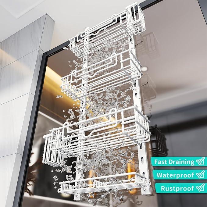 HapiRm 4 Tier Over the Door Shower Caddy, Hanging Shower Caddy with 22 Hooks and 2 Toothbrush Holders, No Drilling Adjustable Hanging Bathroom Organizer - White - ModernBath