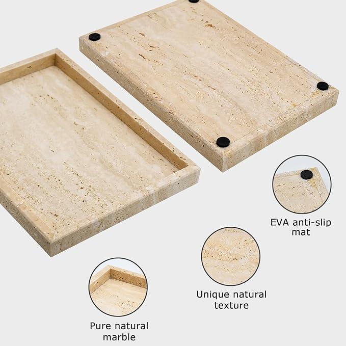 MULWR Travertine Tray,Bathroom Vanity Tray Non-Ceramic/Non-Resin,Marble Perfume Decorative Tray 12 x 8 inch (Travertine) - ModernBath