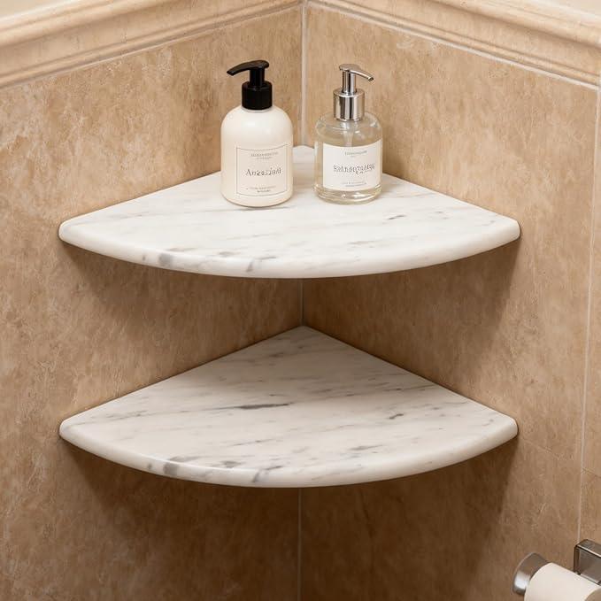 Lovdeco 2 Pcs Carrara Marble Corner Shower Shelf, Polished 9" Round Edge Corner Shelves for Bathroom, Shower, 2 Piece - ModernBath