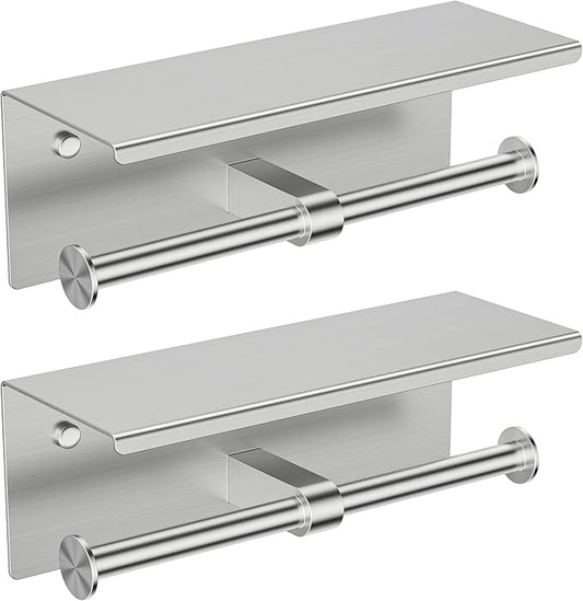 FORIOUS 2 Pack Double Toilet Paper Holder with Shelf, Wall Mount Tissue Roll Holder for Bathroom, 304 Stainless Steel Commercial Toilet Tissue Dispensers with Phone Shelf, Stainless Steel