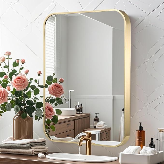 CLBA Gold Bathroom Mirror, 20x28 Inch Brushed Gold Mirror, Aluminum Alloy Framed Vanity Mirror, Rounded Rectangle Mirror for Over Sink, Anti-Rust (Horizontally or Vertically) - ModernBath