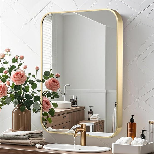 CLBA Gold Bathroom Mirror, 20x28 Inch Brushed Gold Mirror, Aluminum Alloy Framed Vanity Mirror, Rounded Rectangle Mirror for Over Sink, Anti-Rust (Horizontally or Vertically) - ModernBath